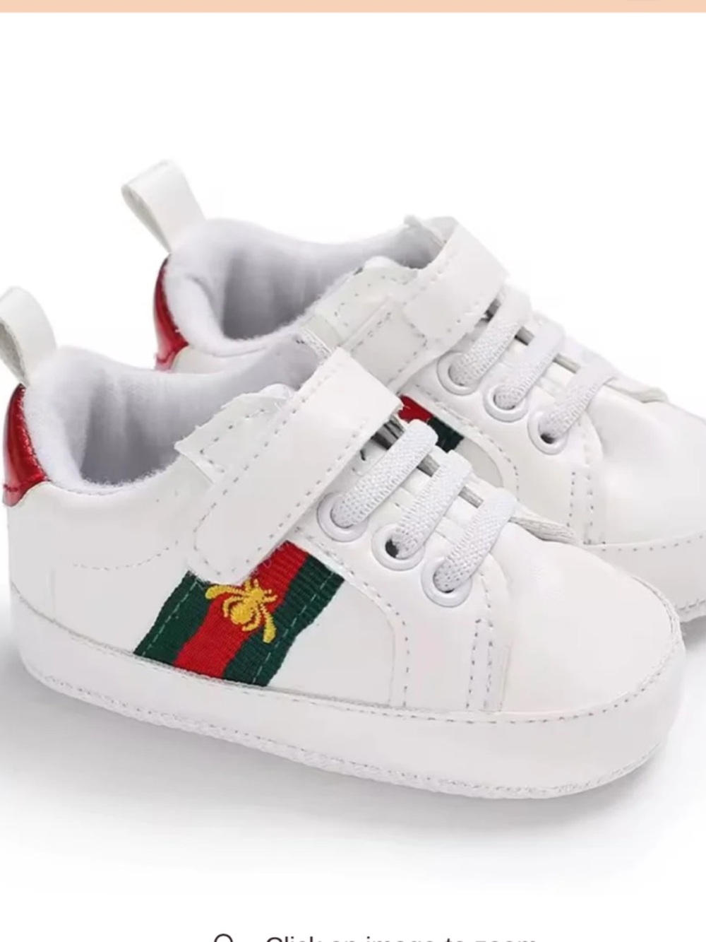 White Baby Sneakers with Red & Green Accent Bumblebee 🐝 for luck 🍀